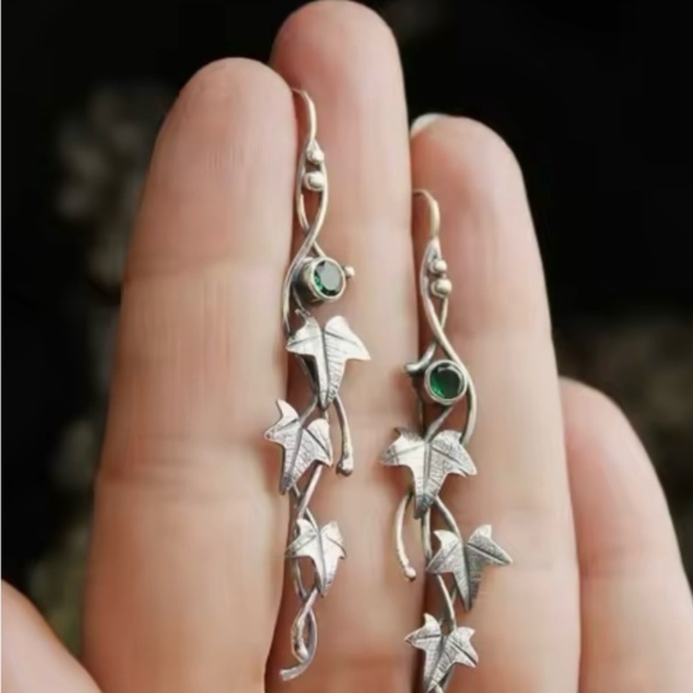 New Vine Earrings, with Blue or Dark Green Stone